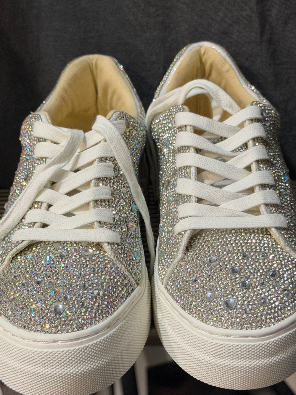 Betsey Johnson Silver Crystal Platform Sneakers with White Laces